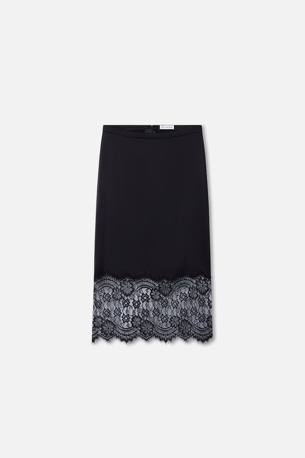SATIN LACE SLIP MIDI SKIRT | BLACK001