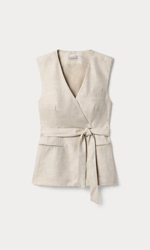 LINEN SLEEVELESS BELTED VEST | OAT