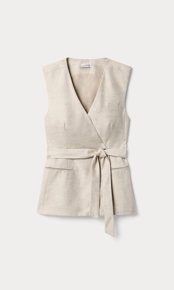 LINEN SLEEVELESS BELTED VEST | OAT