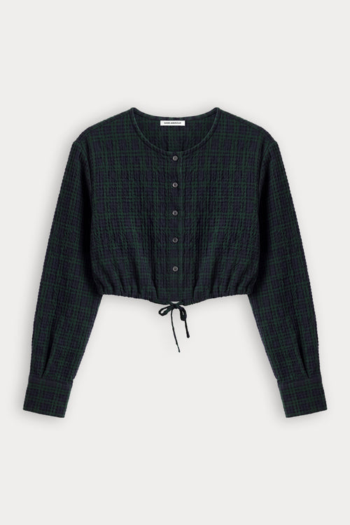 THE CRINKLE CINCHED SHIRT | FOREST PLAID-6 | GOOD AMERICAN | FLAT