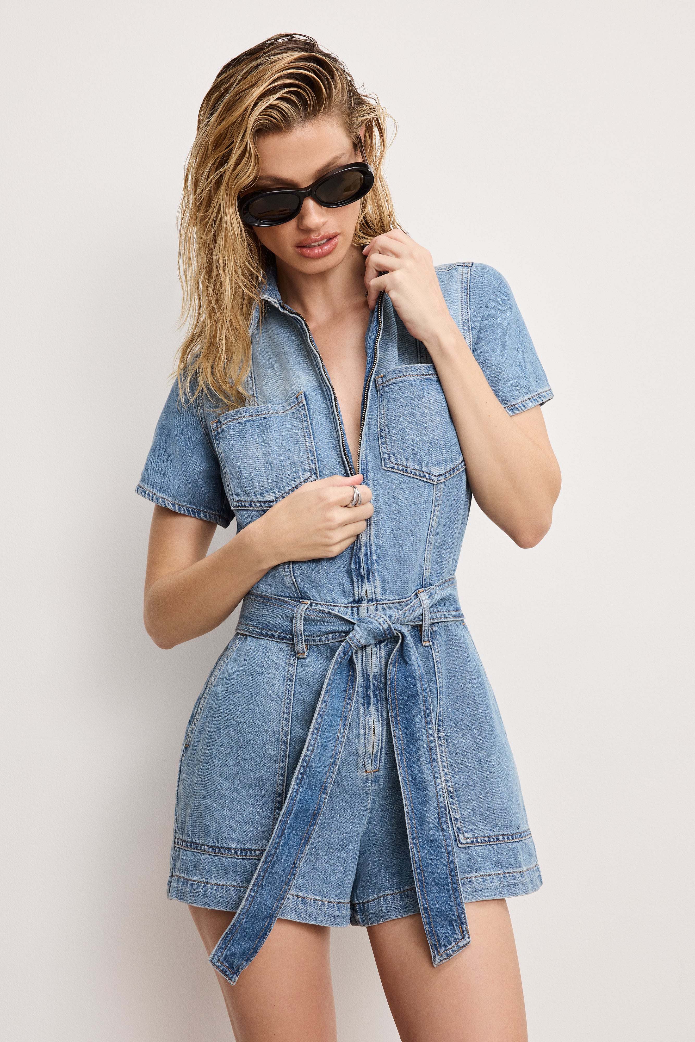 FIT FOR SUCCESS LITE LINEN DENIM SHORTS JUMPSUIT | INDIGO786
