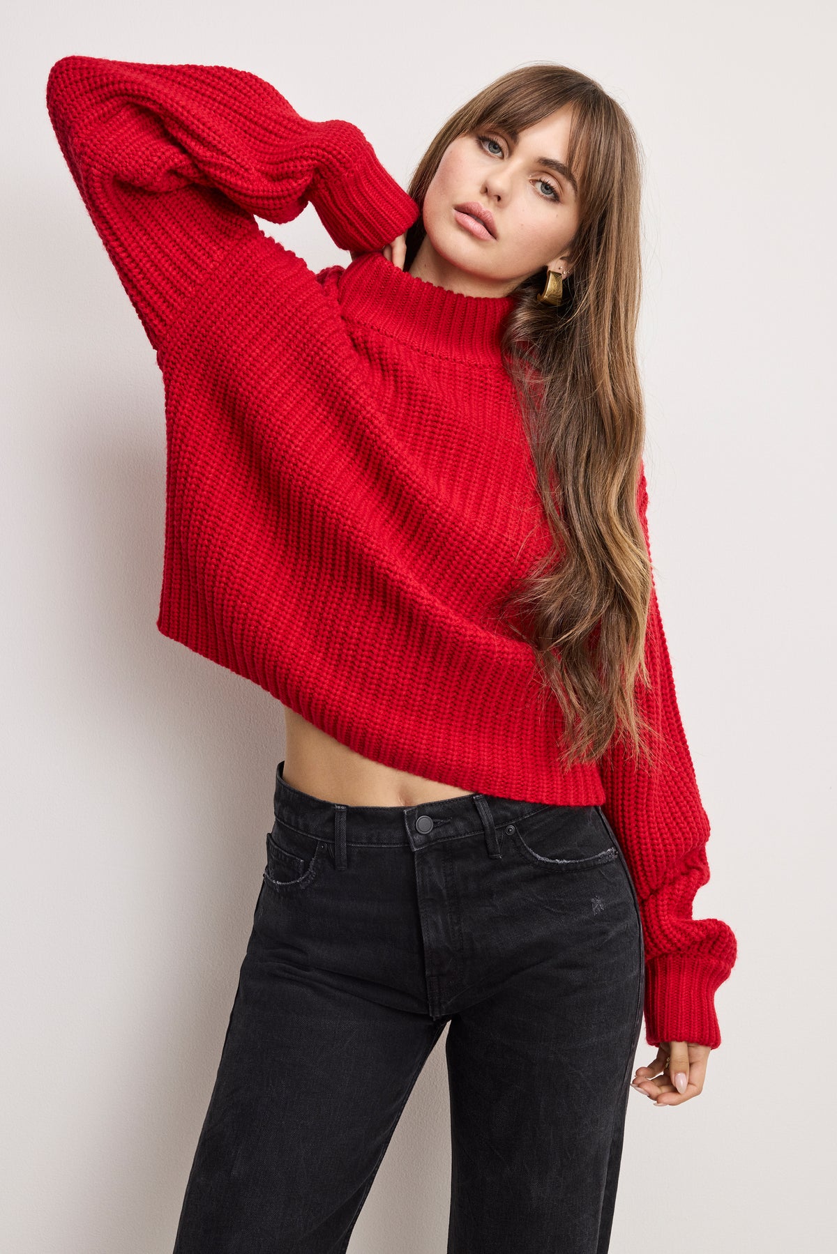CHUNKY KNIT MOCK NECK SWEATER | CHILI001-1 | GOOD AMERICAN | MODEL_A